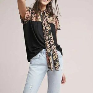 Anthropologie TINY Brand Tie Front Semi-Sheer Detail Floral Blouse (Med)